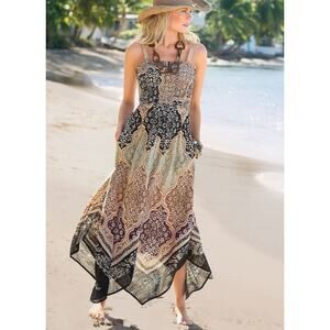 Soft Surroundings Midi Dress M Neutral Smocked Asymmetrical Hem Cotton Pockets